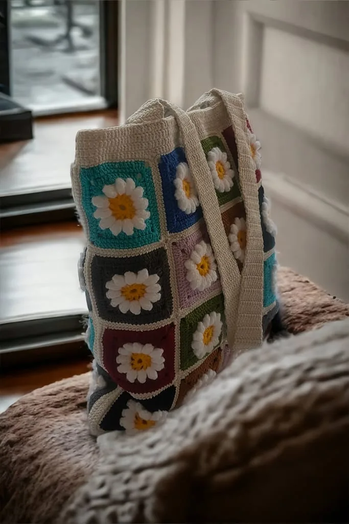 Tığ İşi Kare Renkli El Örgüsü Çanta - Görsel 4