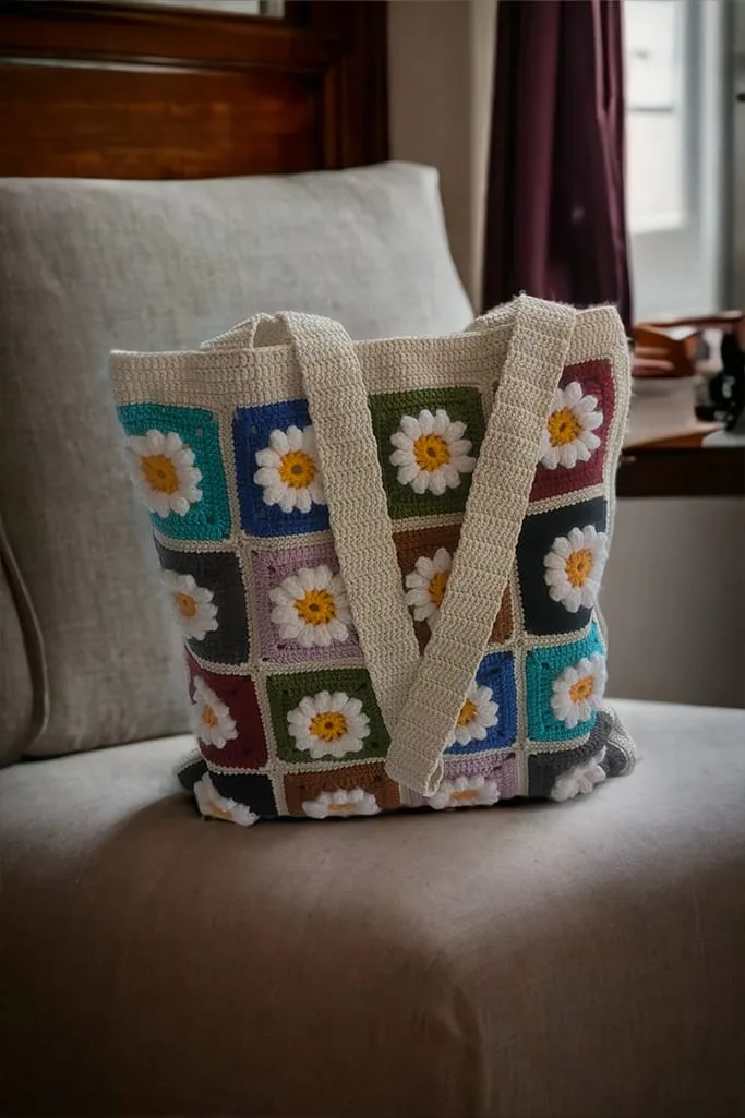 Tığ İşi Kare Renkli El Örgüsü Çanta - Görsel 2