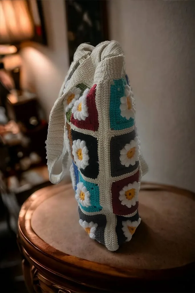 Tığ İşi Kare Renkli El Örgüsü Çanta - Görsel 5